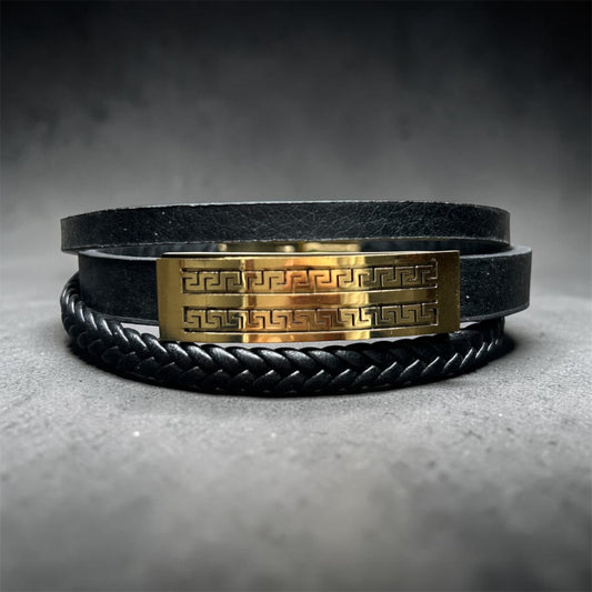 Black Leather Gold Accent Bracelet