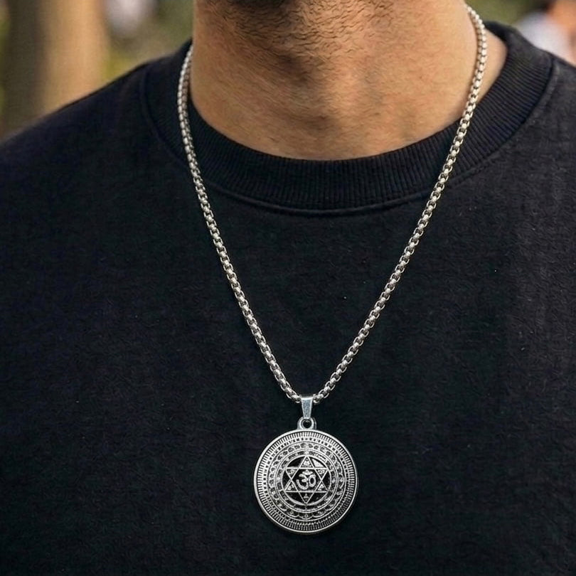 The Om Shield Pendant with Chain (Silver)