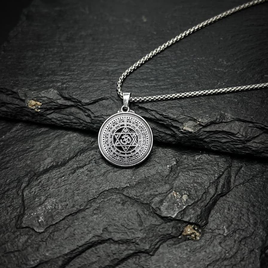 The Om Shield Pendant with Chain (Silver)