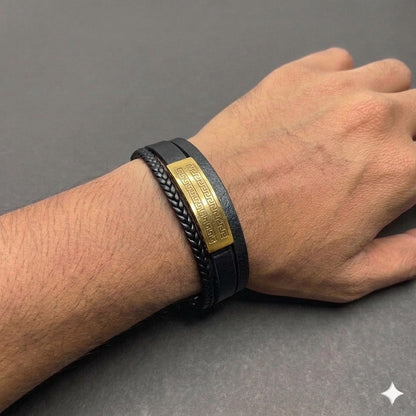 Black Leather Gold Accent Bracelet
