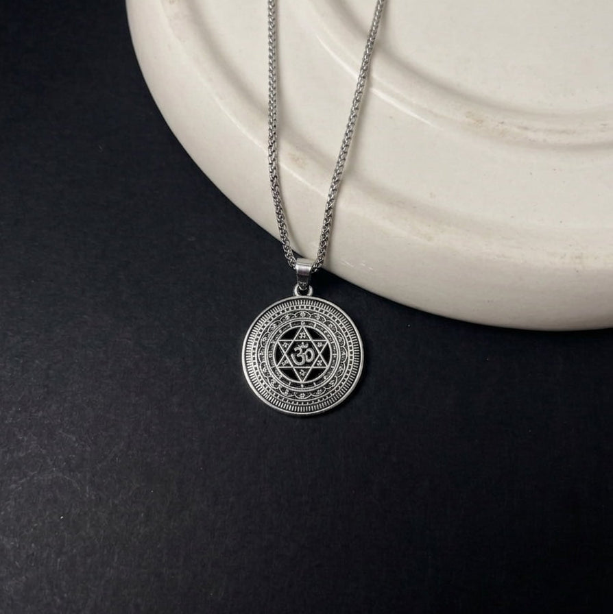 The Om Shield Pendant with Chain (Silver)