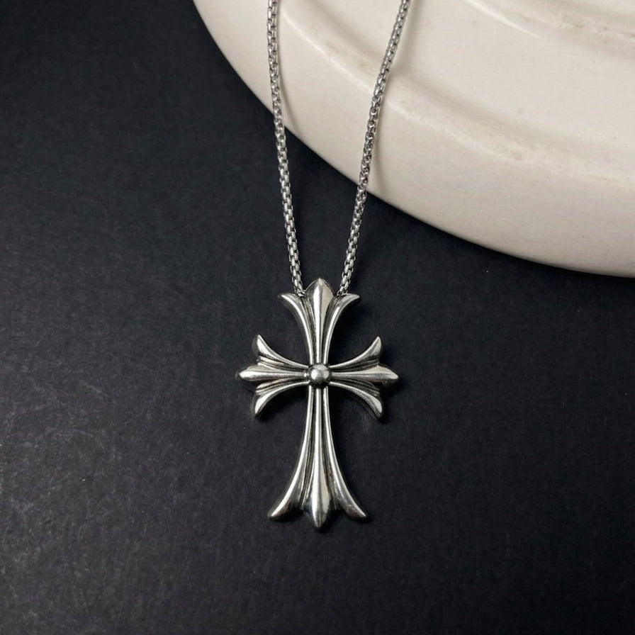 Gothic Chrome Cross Pendant with Chain