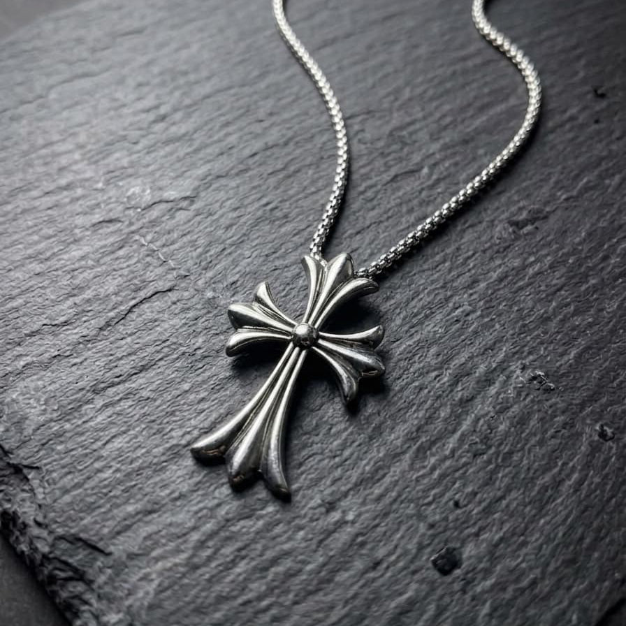 Gothic Chrome Cross Pendant with Chain