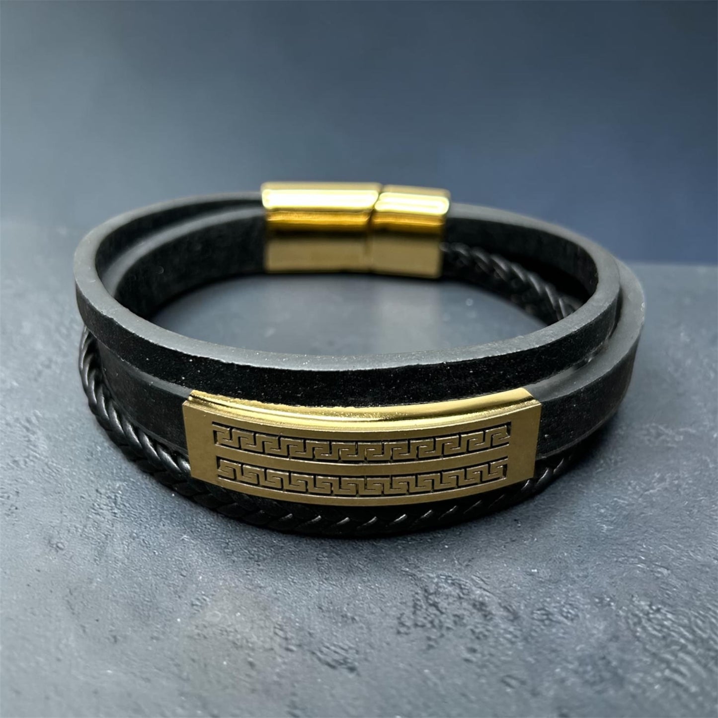Black Leather Gold Accent Bracelet
