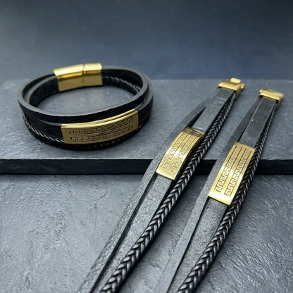 Black Leather Gold Accent Bracelet
