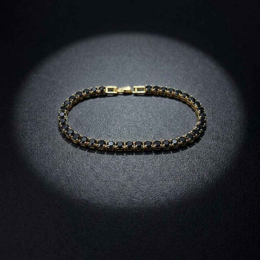 Round Cut Black-Gold Plated Tennis Bracelet